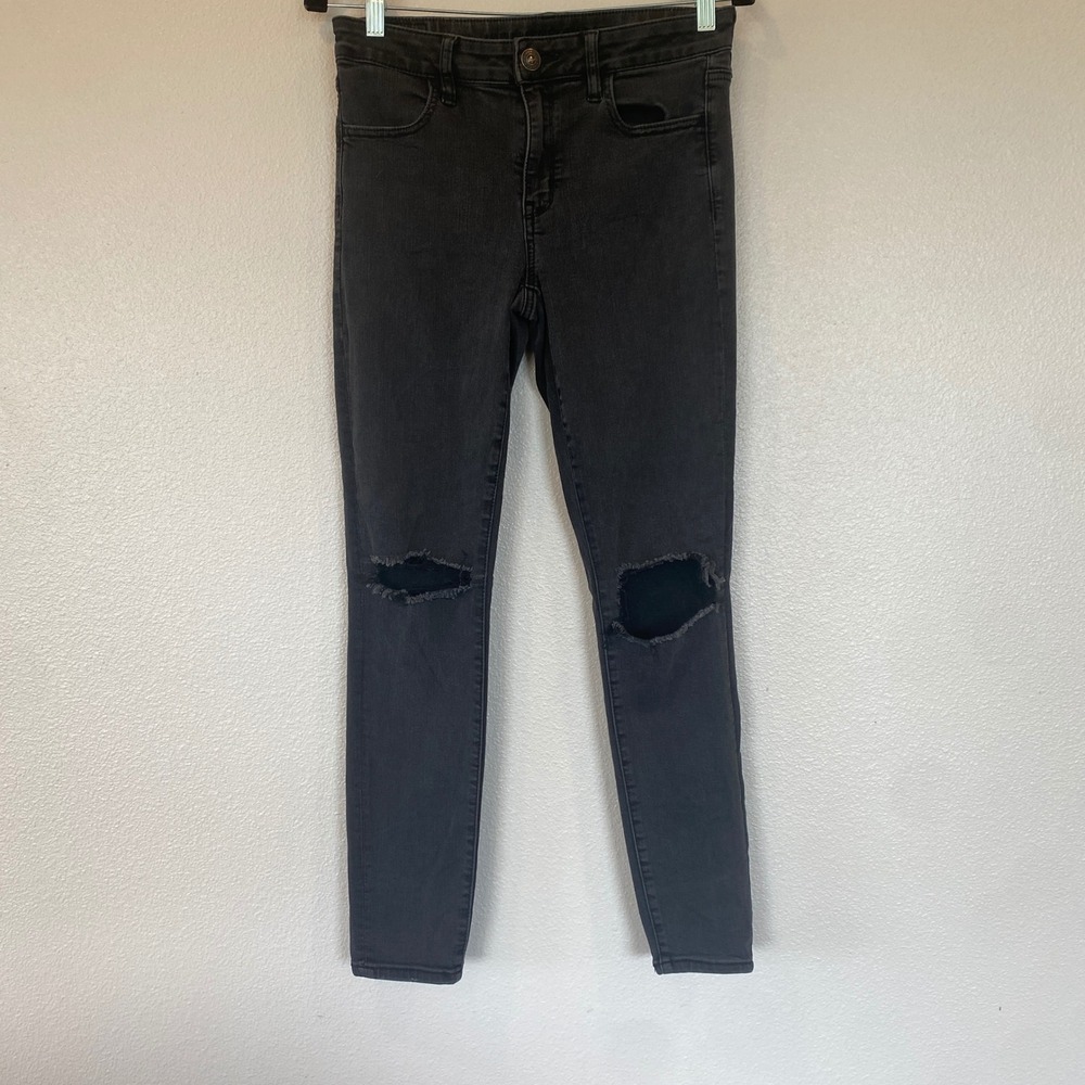 American Eagle Next Level Stretch Skinny Jeans Faded Black Ripped Knee 29x28